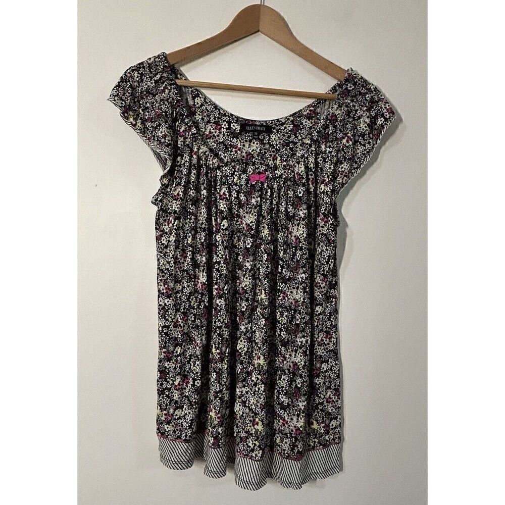Ellen Tracy Black Pink Floral Cap Sleeve Stretch Top Shirt Tee Blouse Women's M